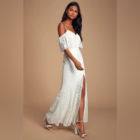 NWT Lulus Caterina White Lace Off-the-Shoulder Mermaid Maxi Dress Gown XS - Picture 8 of 16